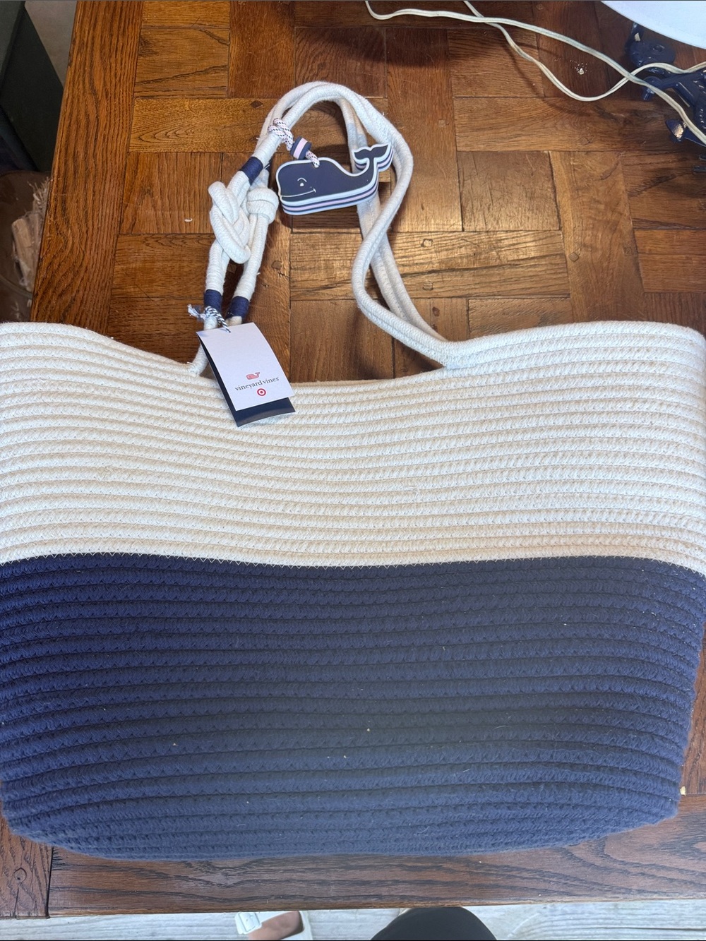 Vineyard Vines Navy and Cream Rope-Handle Straw Tote